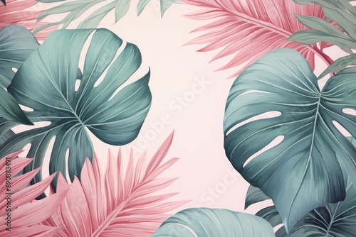 Tropical leaves in soft pastel colors, an elegant and tranquil design for botanical themes and natural decor.

