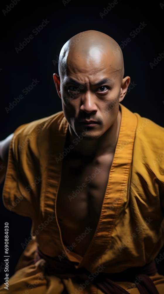Portrait of a shaolin fighter on action against white background with space for text, background image, generative AI Portrait of a shaolin fighter on action against white background with space for text, background image, generative AI