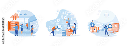 People in team analyze dioramas and graphics, Advance data analytic, People characters working with data visualization. Data visualization set flat vector modern illustration