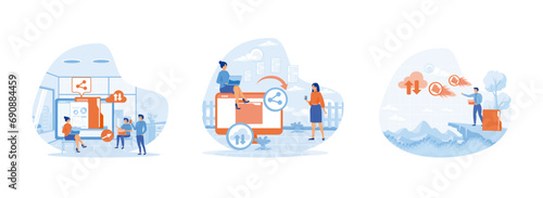 Data transfer, sharing file, transfer of documentation. Sharing file set flat vector modern illustration  