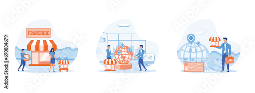 Franchise business composition, businessman offering Franchise, businessman standing and buying a franchise. Franchise 1 set flat vector modern illustration 