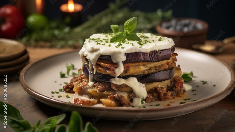 Greek moussaka, with layers of eggplant and b?(C)chamel. Greek moussaka, with layers of eggplant and b?(C)chamel.