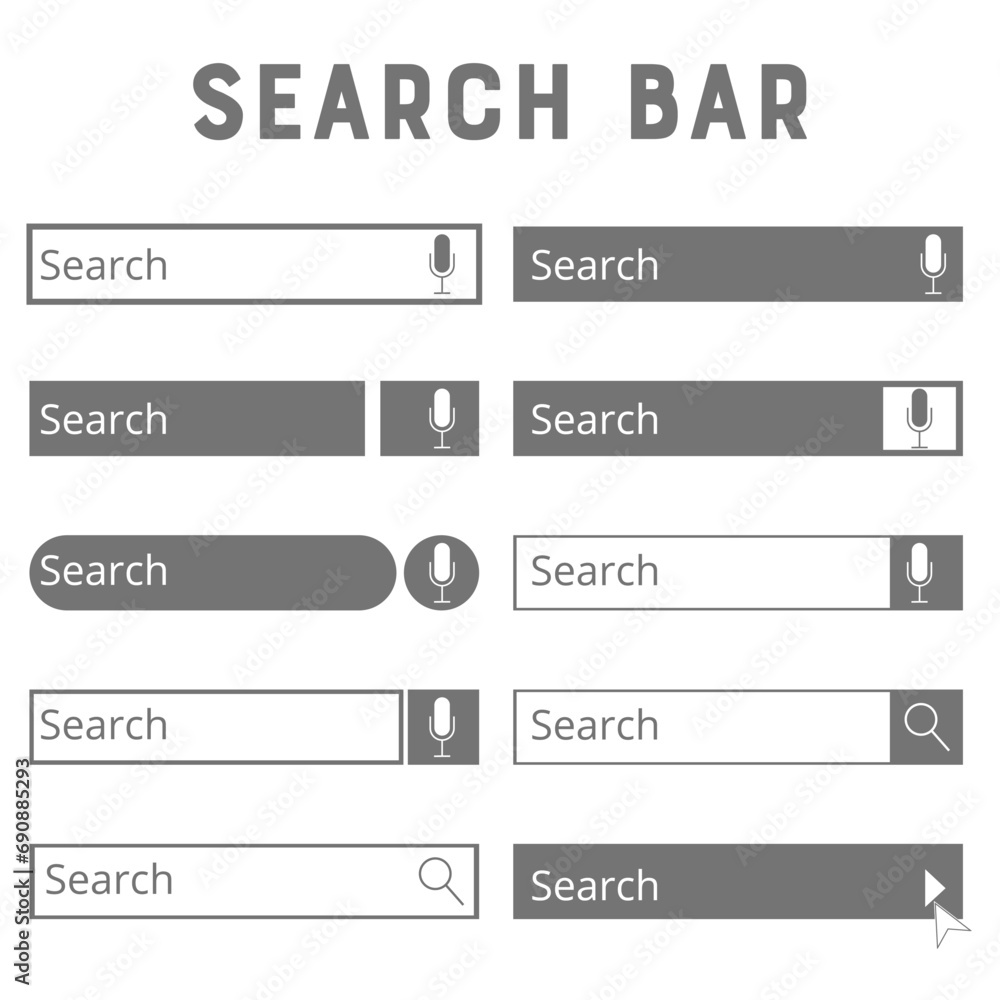 Set search bar icons. Website ui bar set. Searching element for web site, app, ui and logo. Vector search shape with button for website navigation. Set search bar icons. Website ui bar set. Searching element for web site, app, ui and logo. Vector search shape with button for website navigation.