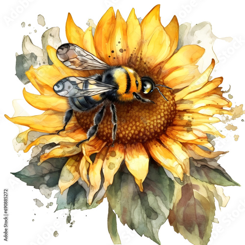 Cartoon watercolor bee with sunflowers on a transparent background