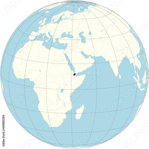 Djibouti is positioned at the center of the world map in an orthographic projection. It is a country in East Africa.