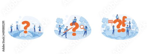 Business people asking questions around a huge question mark. Frequently asked questions. Question answer. Frequently asked questions FAQ 1 set flat vector modern illustration 