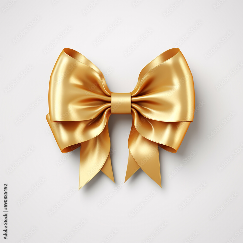 Hyper-Realistic photo of Golden gift ribbon bow on white background
