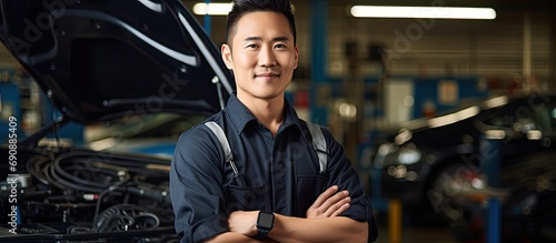 Asian male mechanic specializing in engineering and technical maintenance for vehicles. Small business owner in car service. © TheWaterMeloonProjec