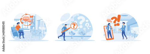 customer support a question. Man holding magnifying glass and looking through it at interrogation points.FAQ  Q and A . Frequently asked questions 1 FAQ set flat vector modern illustration 