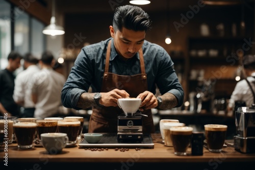 Bartender make coffee and lattes in a cozy coffee shop. Food and drinks, breakfast, coffee concepts.