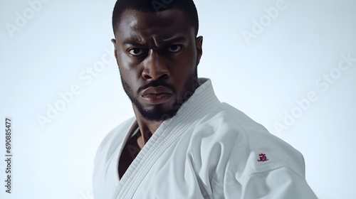 Portrait of a black male karate fighter on action against white background with space for text, background image, generative AI