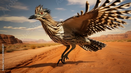 A striking roadrunner sprinting across the arid desert floor, showcasing its incredible speed and agility.