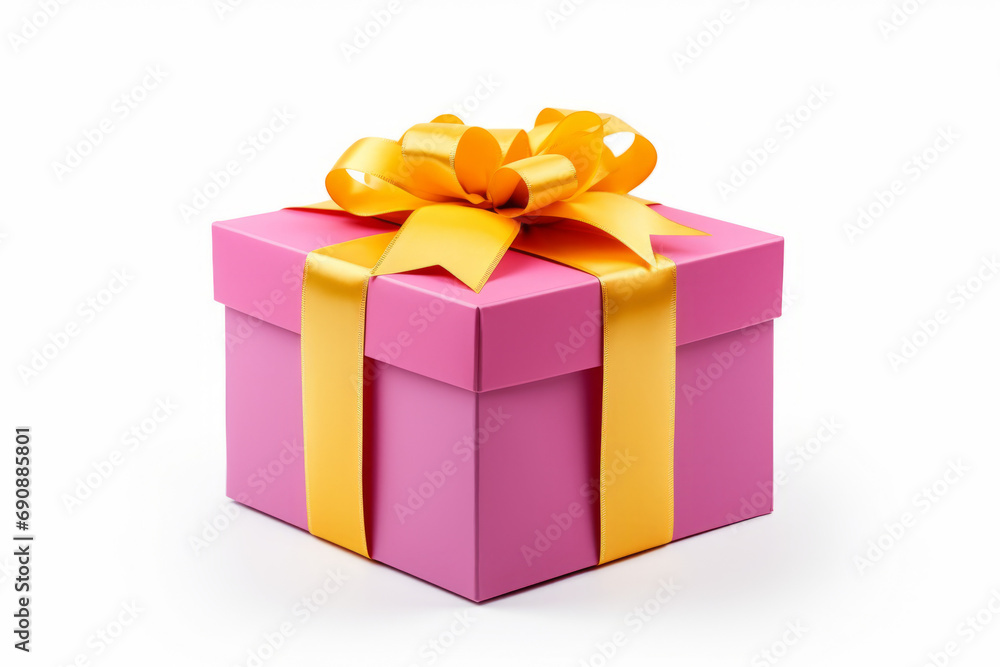 Obraz premium A pink gift box wrapped with ribbon, isolated on a solid white background