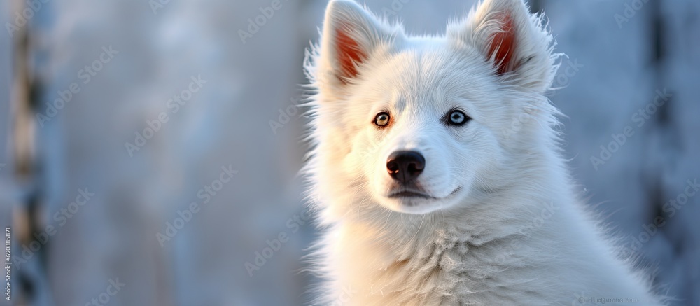 breathtaking winter landscape, a young white dog with a stunning coat stands out against the snowy background, its blue eyes and cute face enhancing the natural beauty of the scene. The dogs portrait