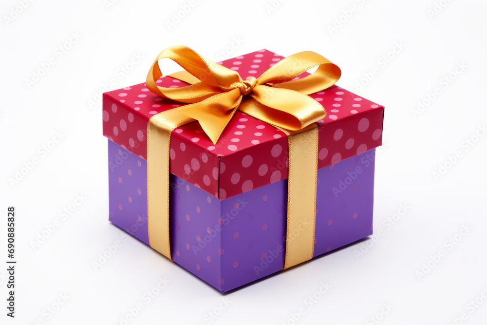 Fototapeta premium A multi-colored gift box wrapped with ribbon, isolated on a solid white background