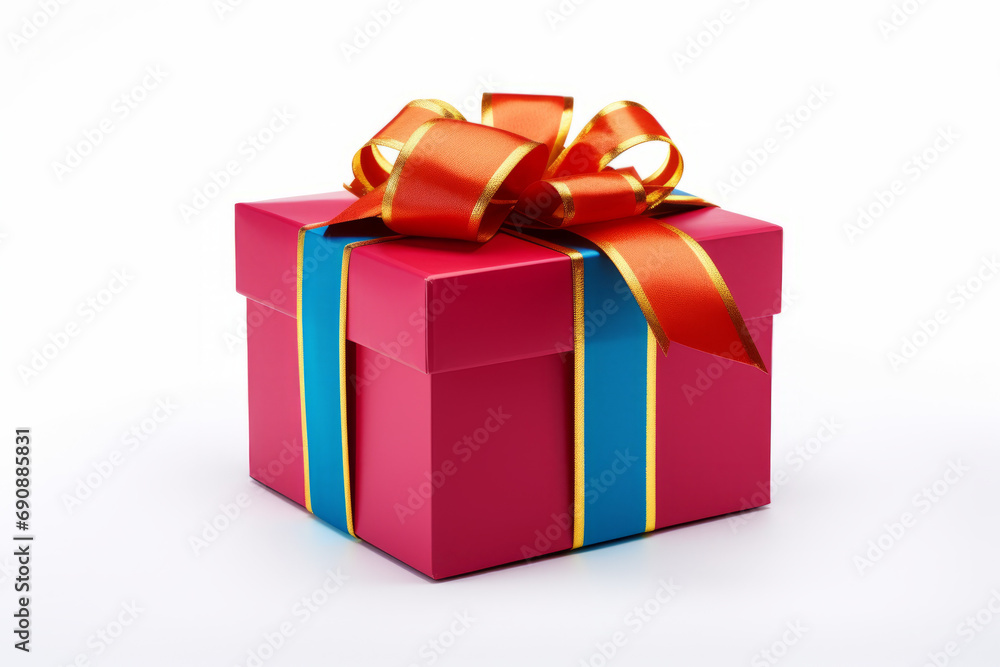 A colorful gift box in rich hues wrapped with ribbon, isolated on a solid white background A colorful gift box in rich hues wrapped with ribbon, isolated on a solid white background
