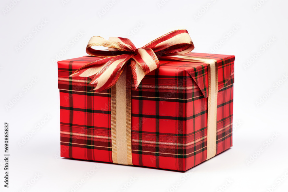 A Christmas package wrapped with ribbon, isolated on a solid white background A Christmas package wrapped with ribbon, isolated on a solid white background