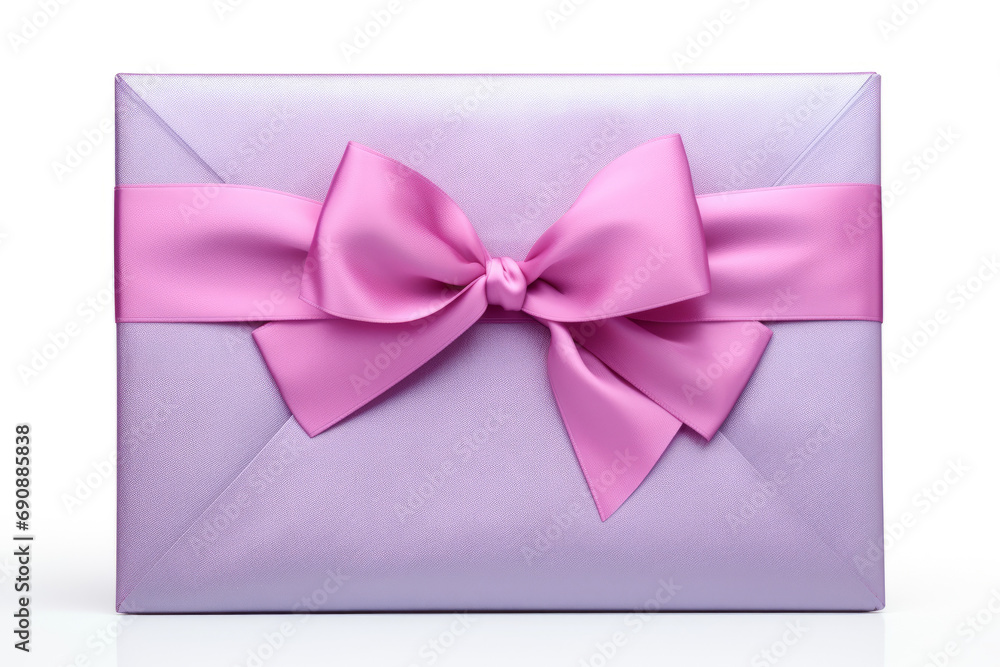 A purple gift letter wrapped with ribbon, isolated on a solid white background A purple gift letter wrapped with ribbon, isolated on a solid white background