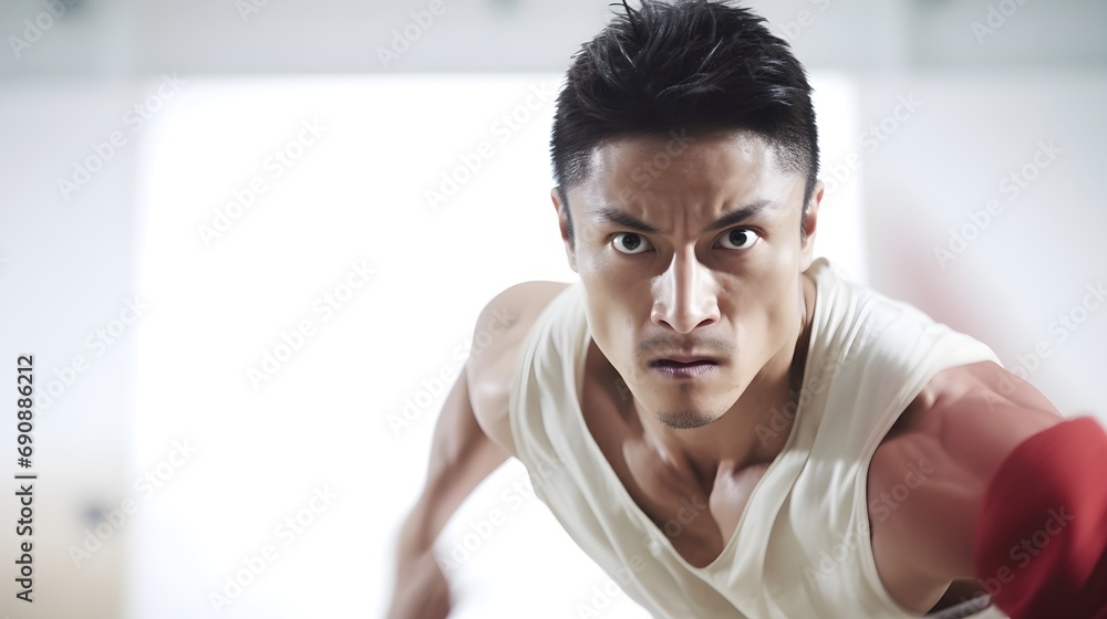 Portrait of a kungfu fighter on action against white background with space for text, background image, generative AI Portrait of a kungfu fighter on action against white background with space for text, background image, generative AI