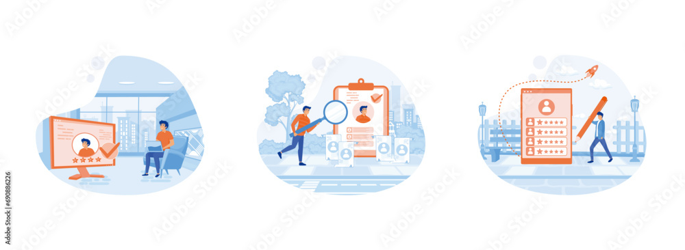  Hr managers searching new employee. Reading CV and giving job candidate review. Applying for work position. Job recruitment process set flat vector modern illustration