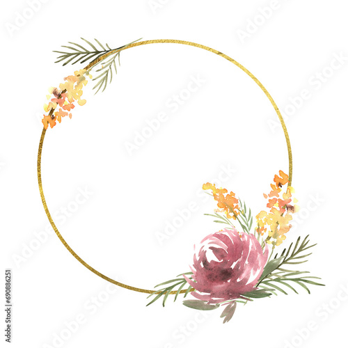 Floral round frame with aster and mimosa, golden texture. Hand drawn watercolor illustration of botanical template for greeting cards or wedding invitations, Mother's Day, March 8, posters, logos.