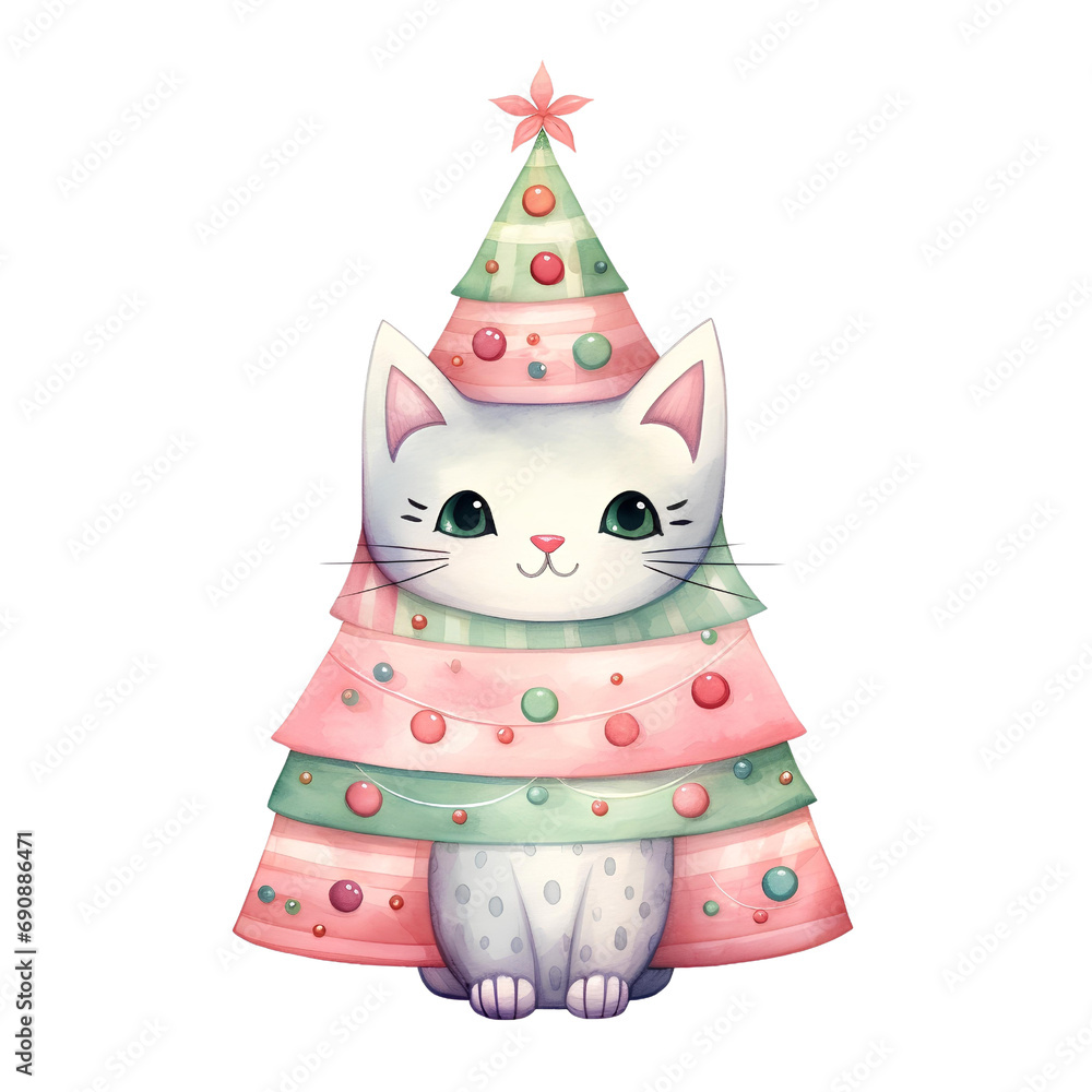 cat  and christmas tree with gift