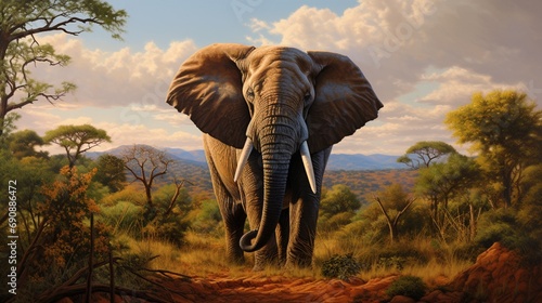 a vivid portrait of a magnificent elephant, dusting its colossal frame against a backdrop of acacia trees