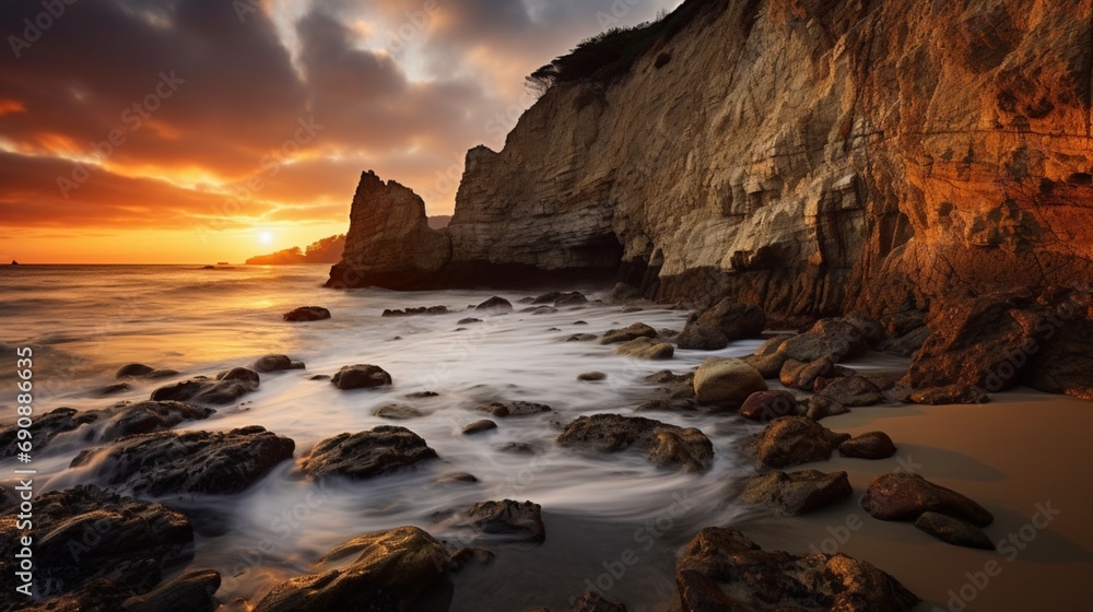 the rugged elegance of a coastal cliff at dusk, where the last rays of sunlight paint the rocky shoreline in warm tones