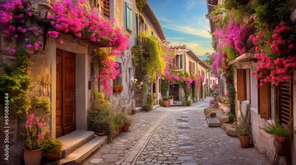 Wander through a charming village square, where cobblestone streets wind between centuries-old buildings adorned with vibrant flowers - obrazy, fototapety, plakaty 