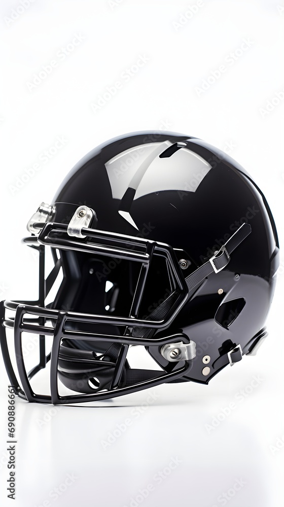 Portrait of an American Football helmet against white background with space for text, background image, generative AI Portrait of an American Football helmet against white background with space for text, background image, generative AI