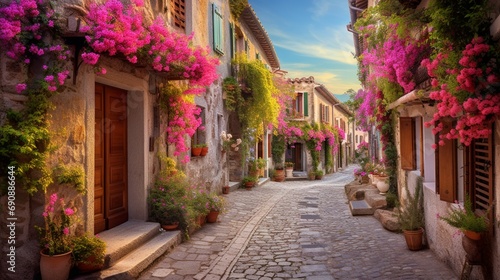 Wander through a charming village square, where cobblestone streets wind between centuries-old buildings adorned with vibrant flowers