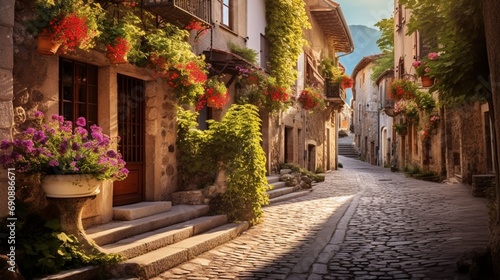 Wander through a charming village square  where cobblestone streets wind between centuries-old buildings adorned with vibrant flowers