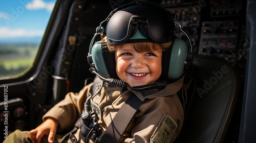 In the cockpit of the simulator of a modern jet aircraft, child in the image of a pilot, dreaming of flying in the sky © mikhailberkut