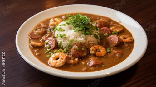 Seafood gumbo, rife with shrimp, crab, and andouille sausage.