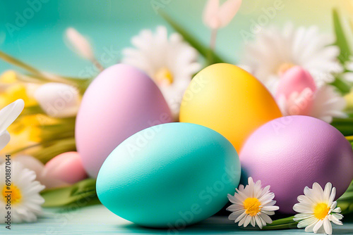 Easter composition with bright Easter eggs and flowers