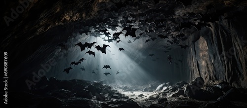 Bats hang from a cave ceiling.
