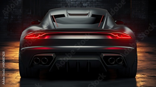 Black sports car in the dark. Back view, 3d rendering. Ai generative