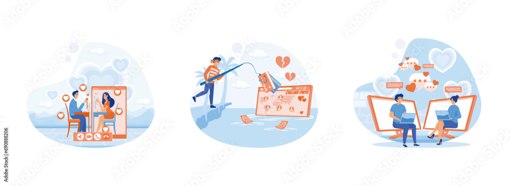 Online dating app concept with man and woman, Thief, cyber bandit steal credit card, using dating website and chatting. Online dating set flat vector modern illustration  - obrazy, fototapety, plakaty 