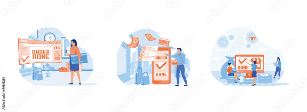 online shopping and cashless transfers, Confirmation of an online order, Online internet shopping sale buy purchase process. Order confirmation set flat vector modern illustration