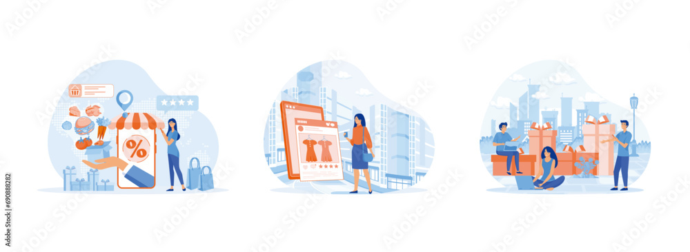 internet digital store scene with woman on shopping, shopping on social networks through phone, Flat design people and technology concept. Online shopping 1 set flat vector modern illustration