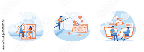 Online dating app concept with man and woman, Thief, cyber bandit steal credit card, using dating website and chatting. Online dating set flat vector modern illustration 