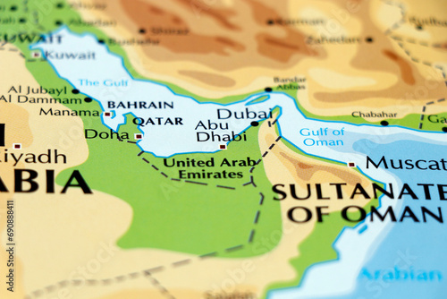 world map of middle east countries, qatar, oman, united arab emirates, bahrain, dubai, abu dhabi, manama, doha in close up photo