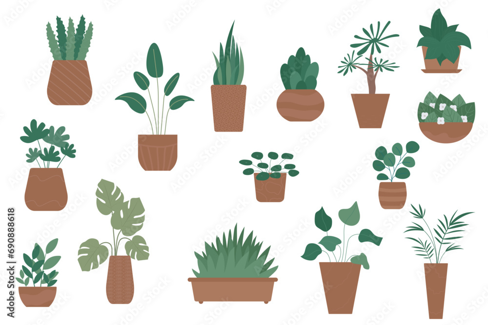 Set of illustrations of indoor plants in pots. Fashionable green decor for decorating a room, office, home, premises Set of illustrations of indoor plants in pots. Fashionable green decor for decorating a room, office, home, premises