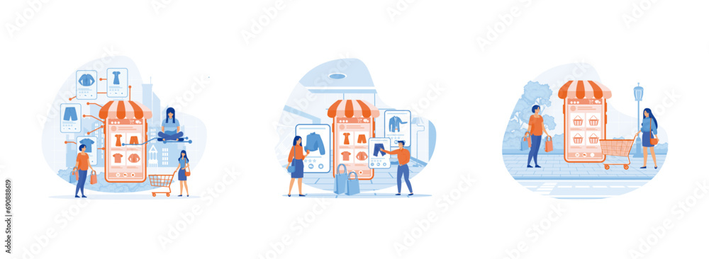 Mobile online shopping, A men and a woman buy things in the online store, perfect for web design, banner, mobile app, landing page. Online shopping 1 set flat vector modern illustration