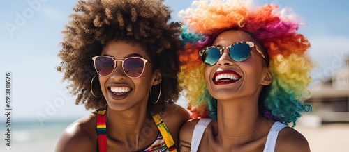 Black LGBTQ women having a fun beach outing with a girlfriend during their summer vacation.