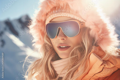 woman macro close up in peach fuzz color winter clothes and ski sun glasses with snowy mountains in the background