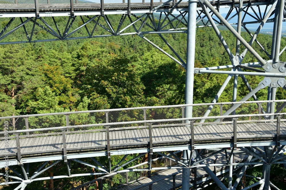 Tourist attraction iron walkway high in the treetops