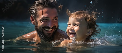 Child happily learning to swim with father's guidance.