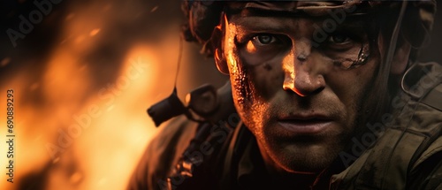 Determined soldier with camo face paint in fiery battlefield. Military action and bravery.