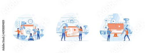 Teamwork of Clerks, Designer, Editor, Director on individual ontent, storytellers creating motion graphic content, Creative fessionals team animators. Motion Design Studio set flat vector modern illus